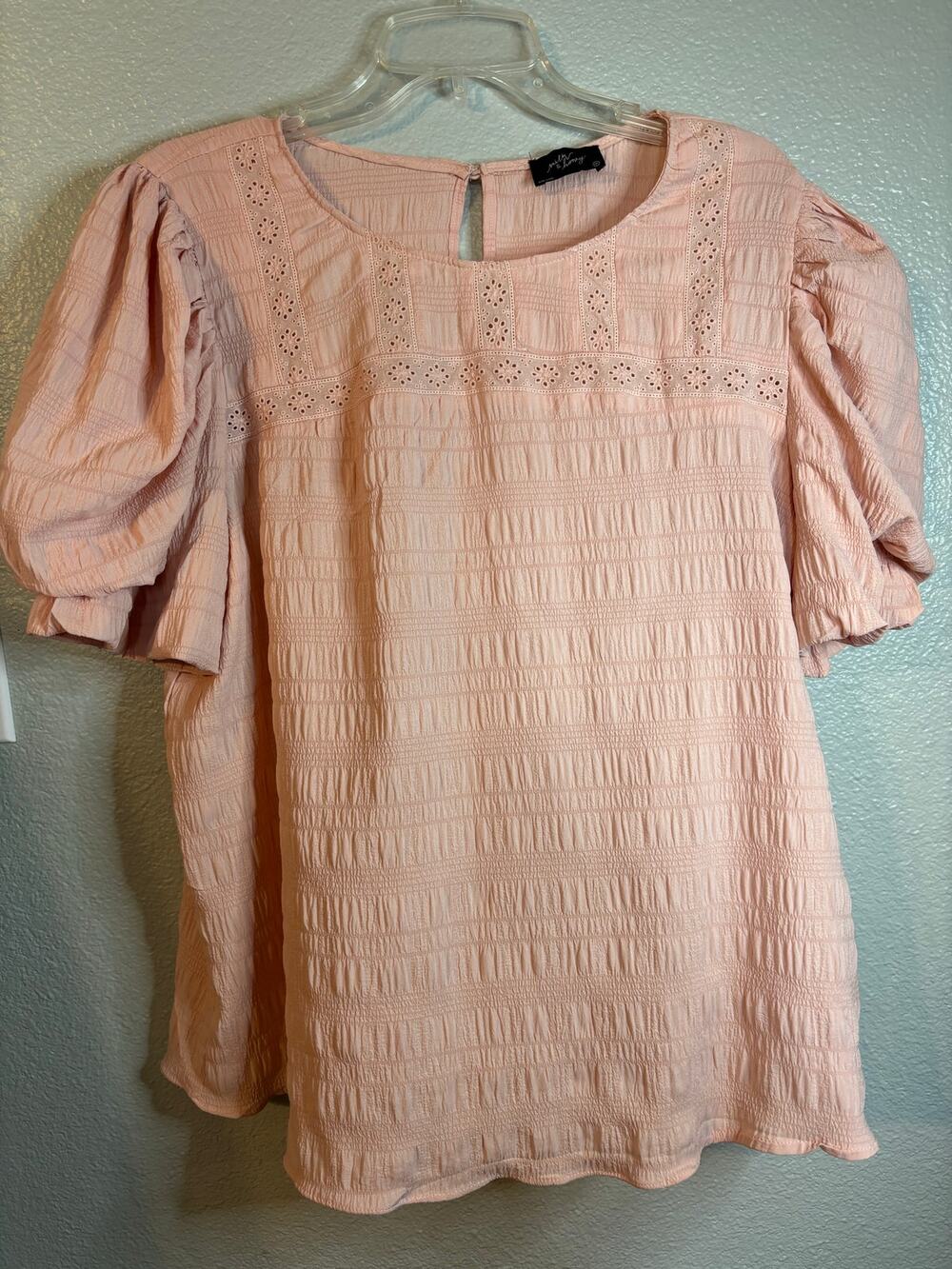 Milk & Honey Pink Eyelet Lace Smocked Puff Sleeve Blouse Women's Size 1X